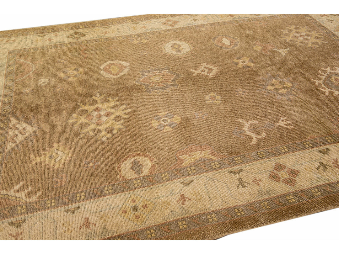 Modern Turkish Oushak Handmade Floral Motif Brown Wool Rug 