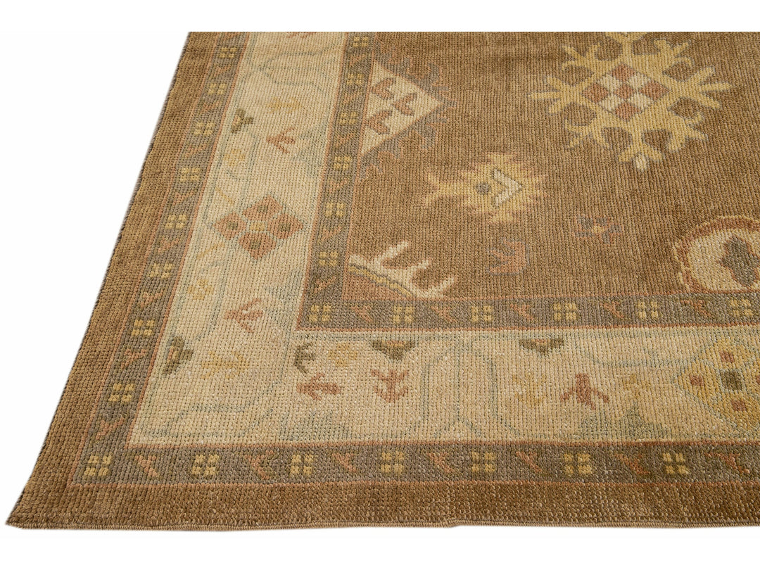 Modern Turkish Oushak Handmade Floral Motif Brown Wool Rug .