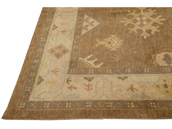 Modern Turkish Oushak Handmade Floral Motif Brown Wool Rug .