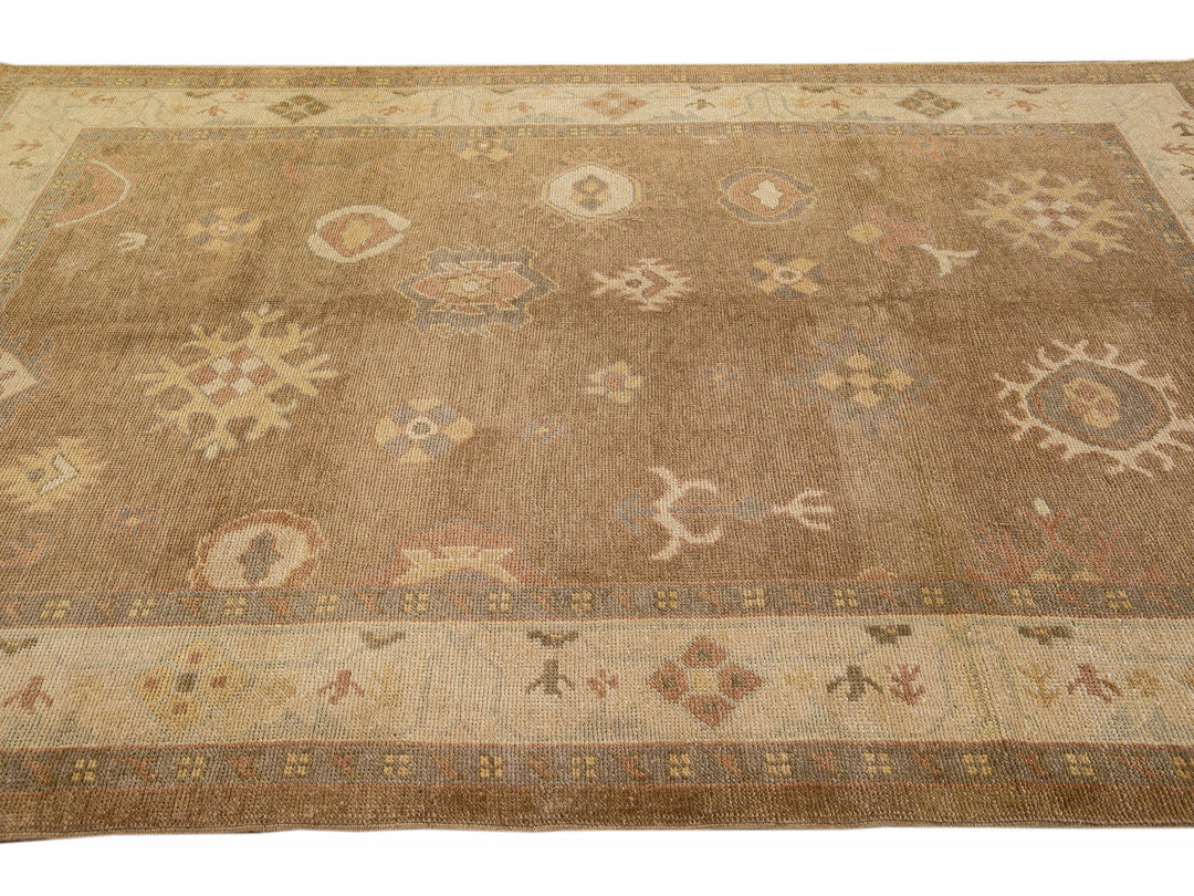Modern Turkish Oushak Handmade Floral Motif Brown Wool Rug 