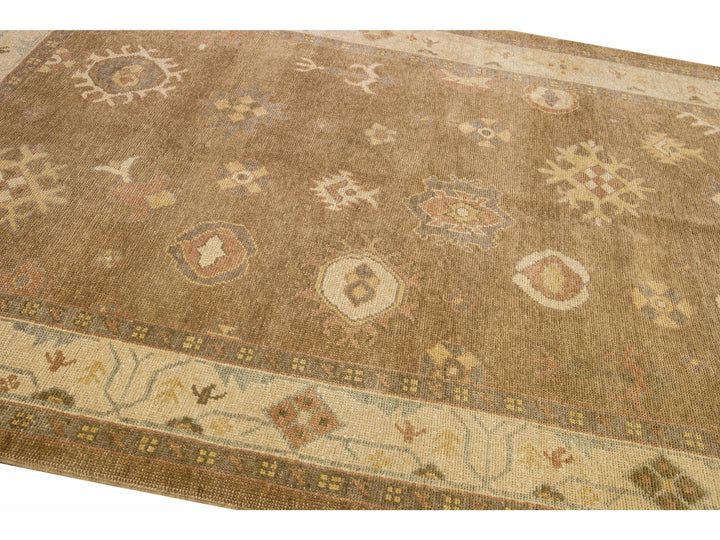 Modern Turkish Oushak Handmade Floral Motif Brown Wool Rug 