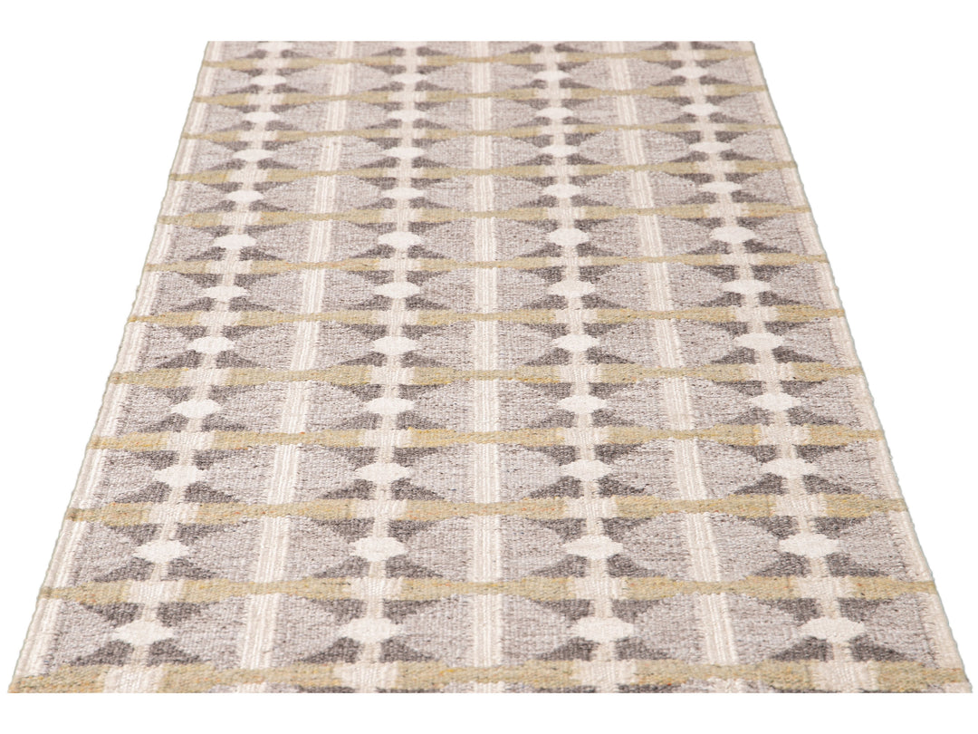 Modern Swedish Style Gray and Beige Handmade Geometric Wool Runner