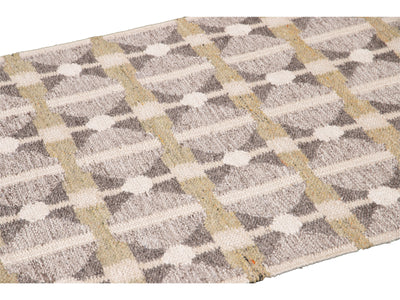 Modern Swedish Style Gray and Beige Handmade Geometric Wool Runner
