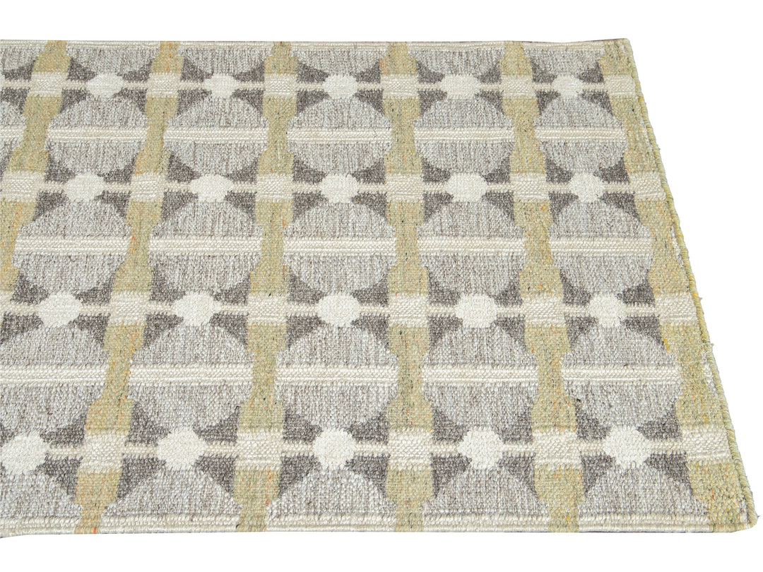 Modern Swedish Style Gray and Beige Handmade Geometric Wool Runner