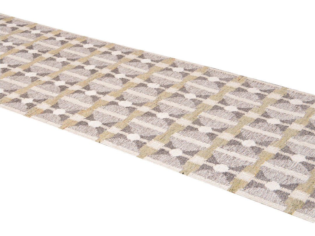 Modern Swedish Style Gray and Beige Handmade Geometric Wool Runner