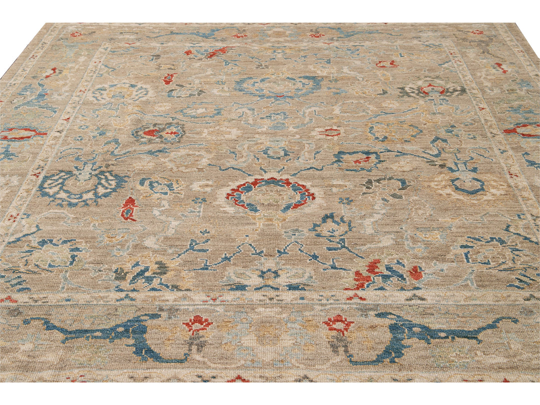 Modern Sultanabad Beige Handmade Square Floral Wool Rug