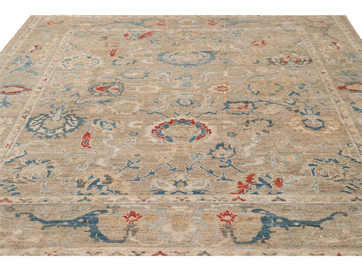 Modern Sultanabad Beige Handmade Square Floral Wool Rug