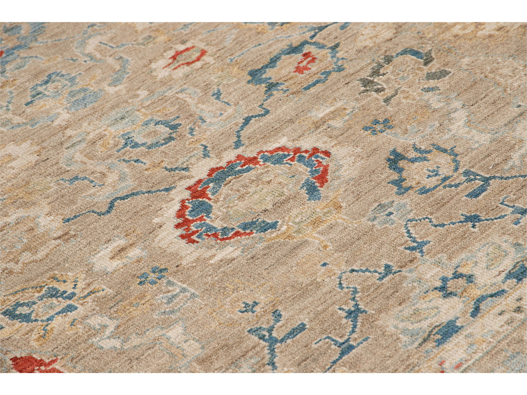 Modern Sultanabad Beige Handmade Square Floral Wool Rug