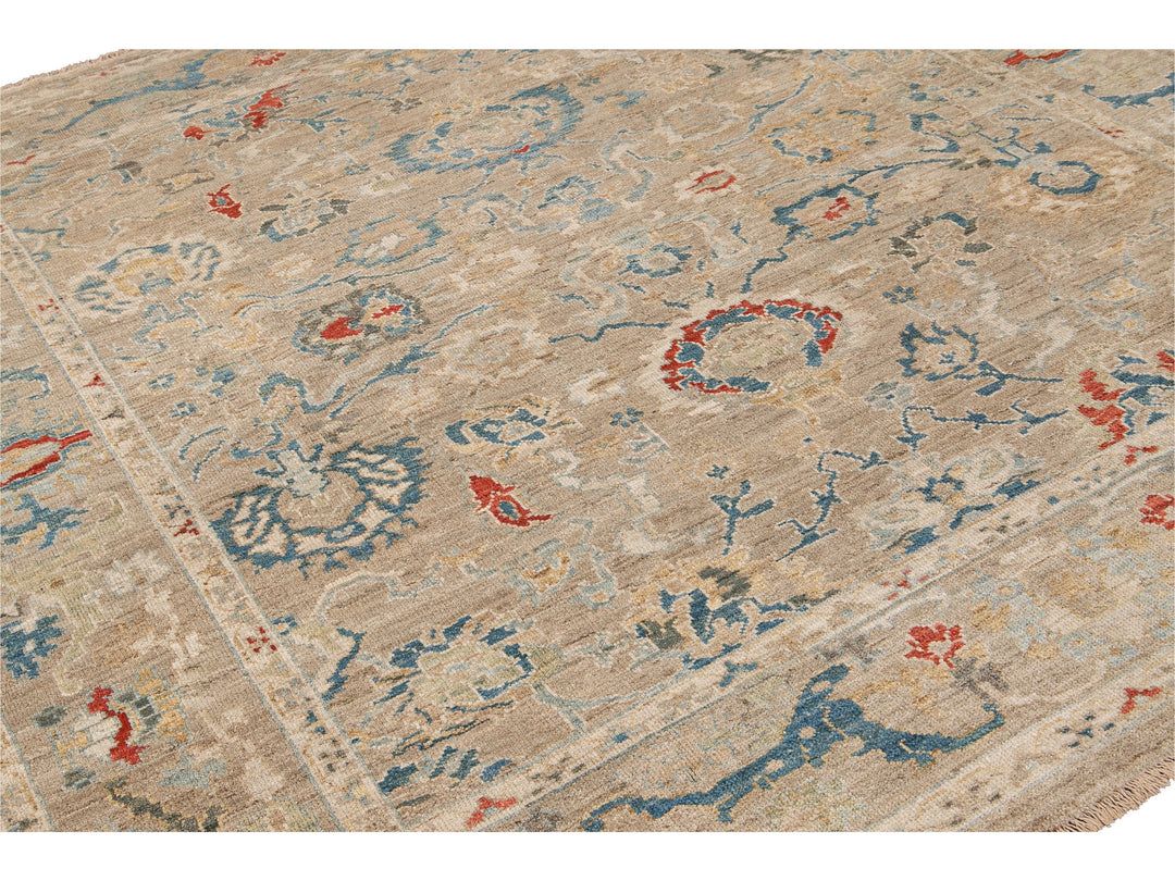 Modern Sultanabad Beige Handmade Square Floral Wool Rug