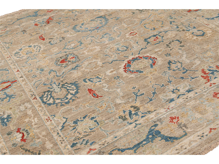 Modern Sultanabad Beige Handmade Square Floral Wool Rug