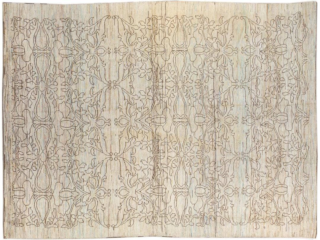 Modern Oushak Handmade Tribal Beige Wool Rug