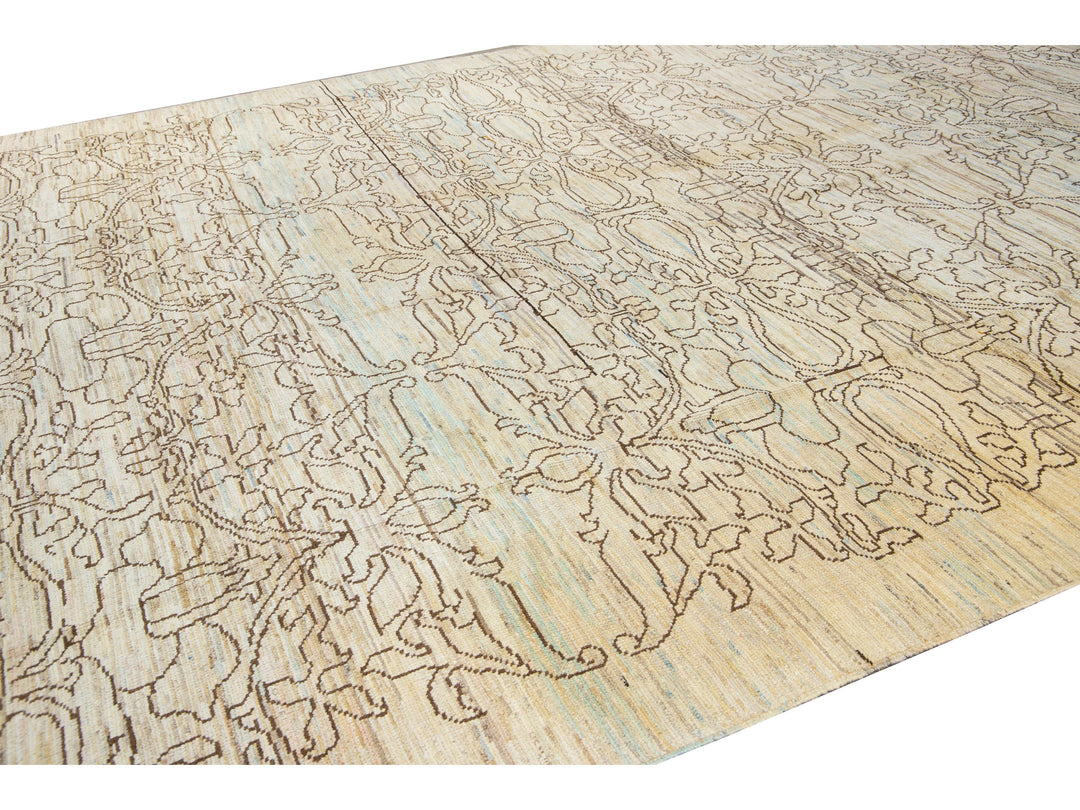 Modern Oushak Handmade Tribal Beige Wool Rug