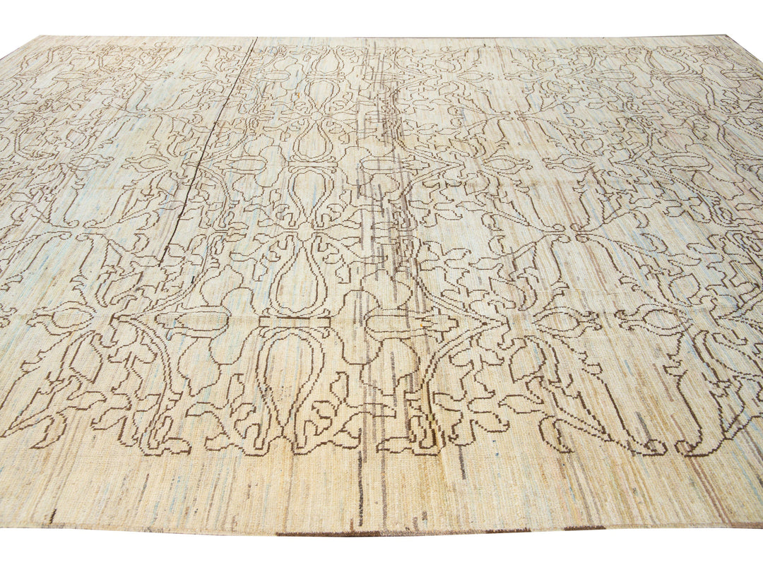 Modern Oushak Handmade Tribal Beige Wool Rug