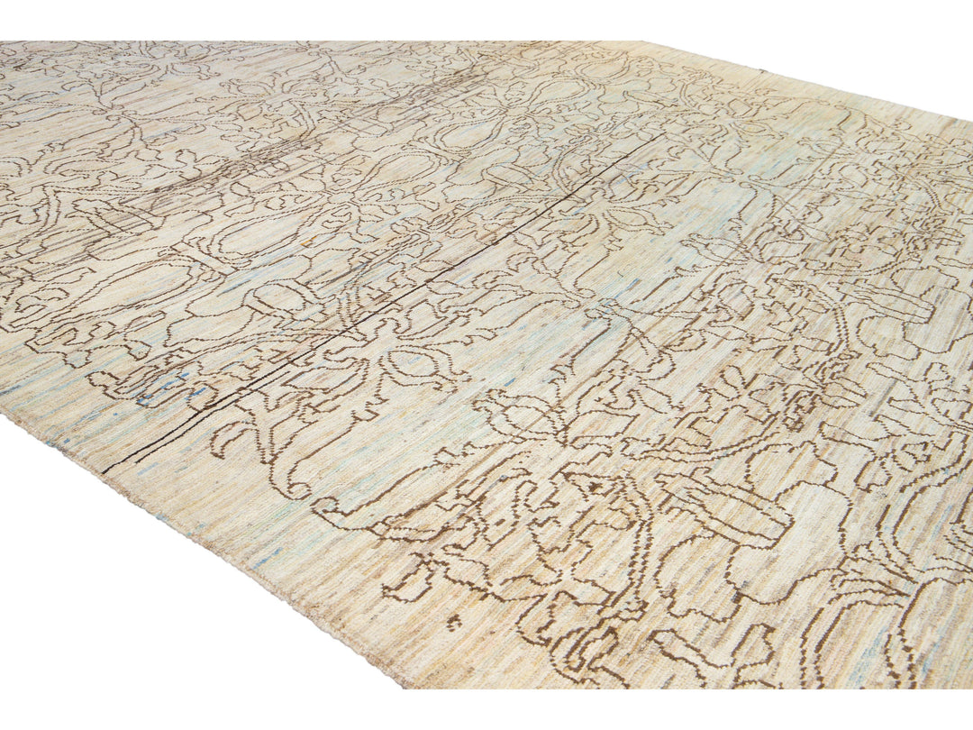 Modern Oushak Handmade Tribal Beige Wool Rug