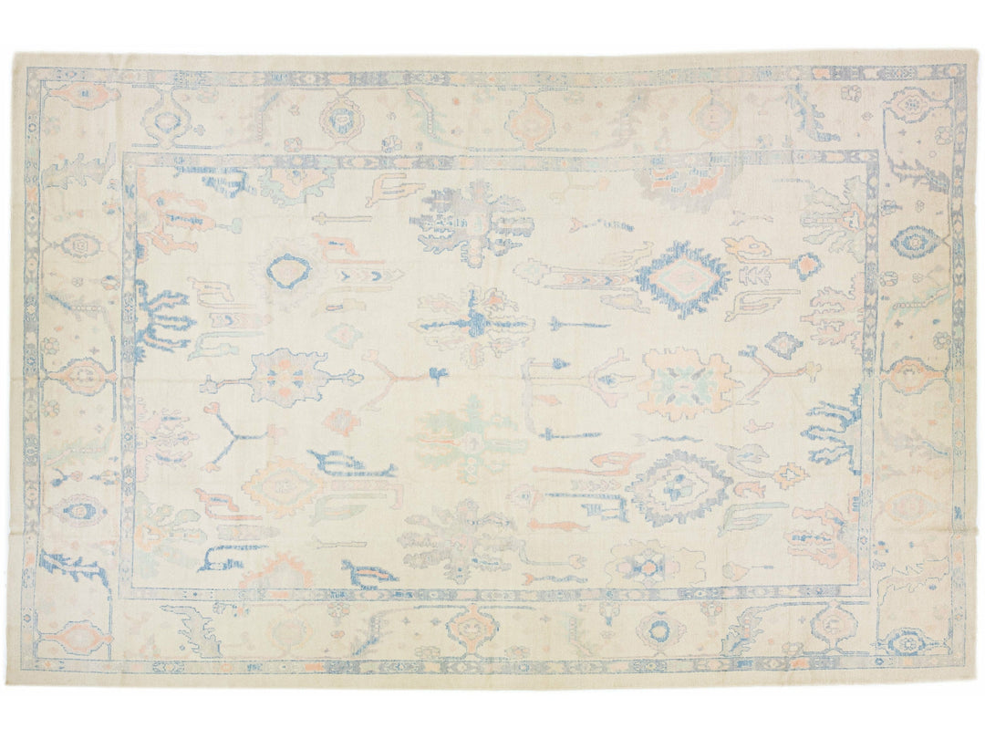 Oversize Modern Turkish Oushak Handmade Floral Wool Rug With Muted Colors