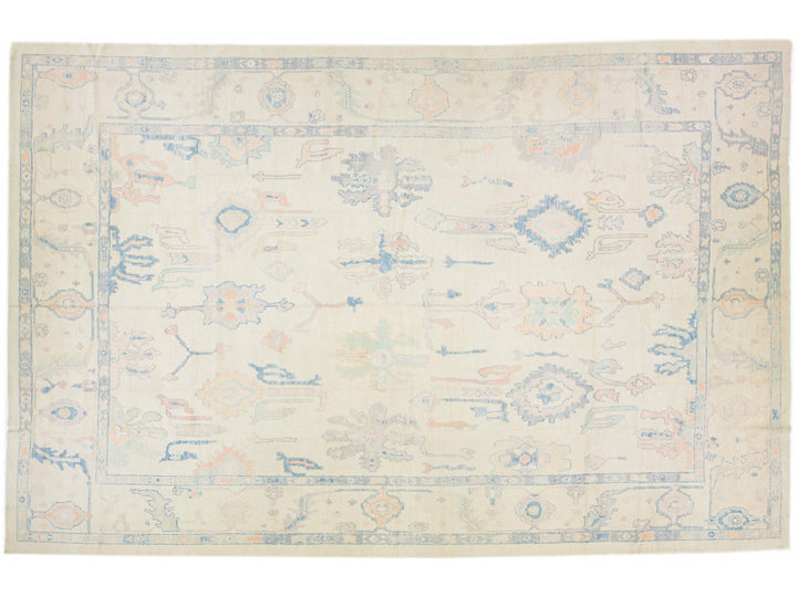 Oversize Modern Turkish Oushak Handmade Floral Wool Rug With Muted Colors