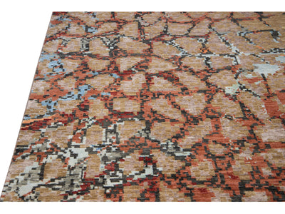 Modern Orange and Gray Handmade Geometric Abstract Wool and Silk Rug