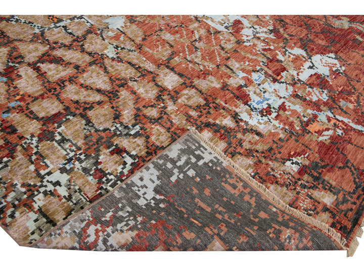 Modern Orange and Gray Handmade Geometric Abstract Wool and Silk Rug