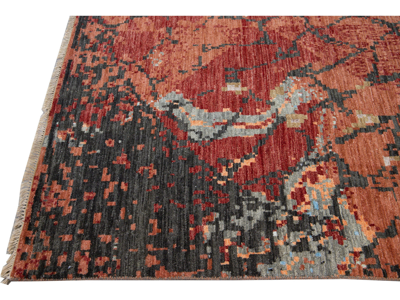 Modern Orange and Gray Handmade Geometric Abstract Wool and Silk Rug