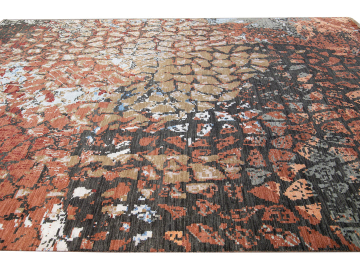 Modern Orange and Gray Handmade Geometric Abstract Wool and Silk Rug