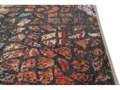 Modern Orange and Gray Handmade Geometric Abstract Wool and Silk Rug