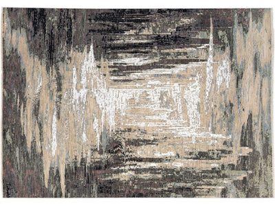 Modern Indian Abstract Beige and Gray Handmade Wool and Silk Rug