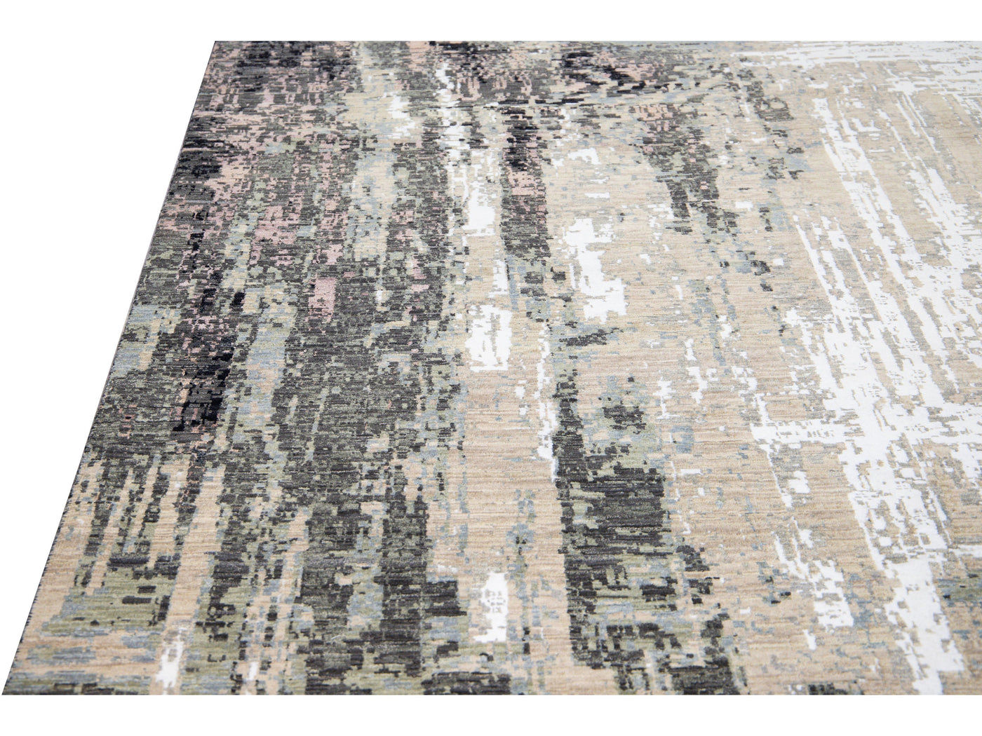 Modern Indian Abstract Beige and Gray Handmade Wool and Silk Rug