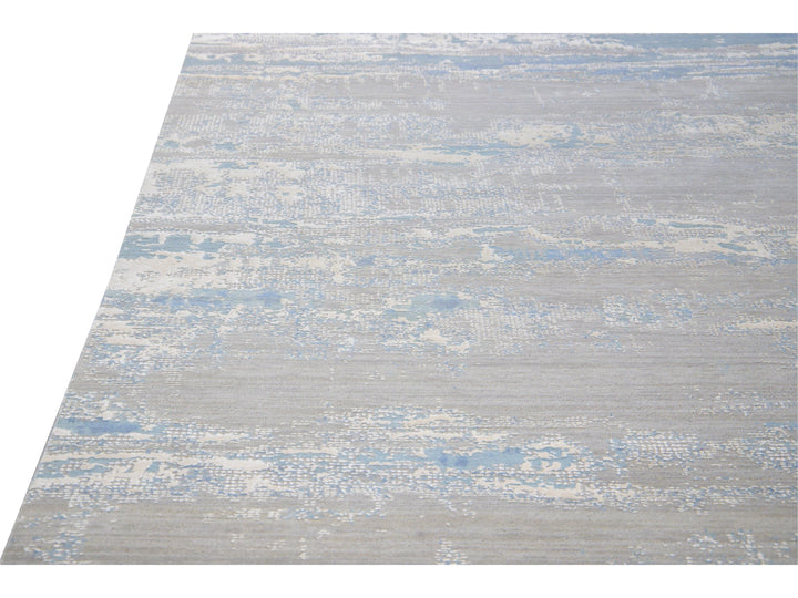 Modern Abstract Indian Handmade Blue and Gray Wool and Silk Rug