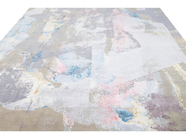 Modern Indian Abstract Handmade Multicolor Wool and Silk Rug