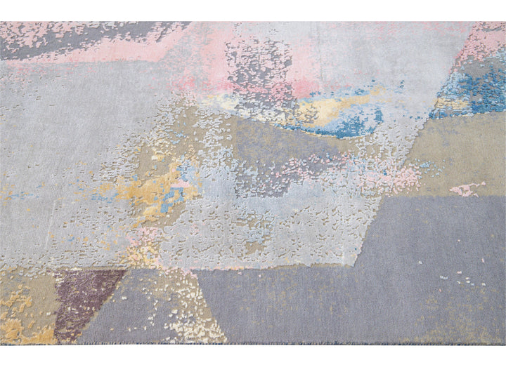 Modern Indian Abstract Handmade Multicolor Wool and Silk Rug