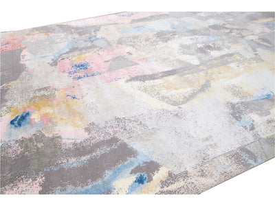 Modern Indian Handmade Multicolor Abstract Wool and Silk Rug