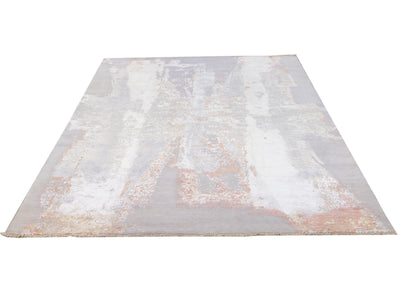 Modern Indian Handmade Beige and Gray Abstract Wool and Silk Rug