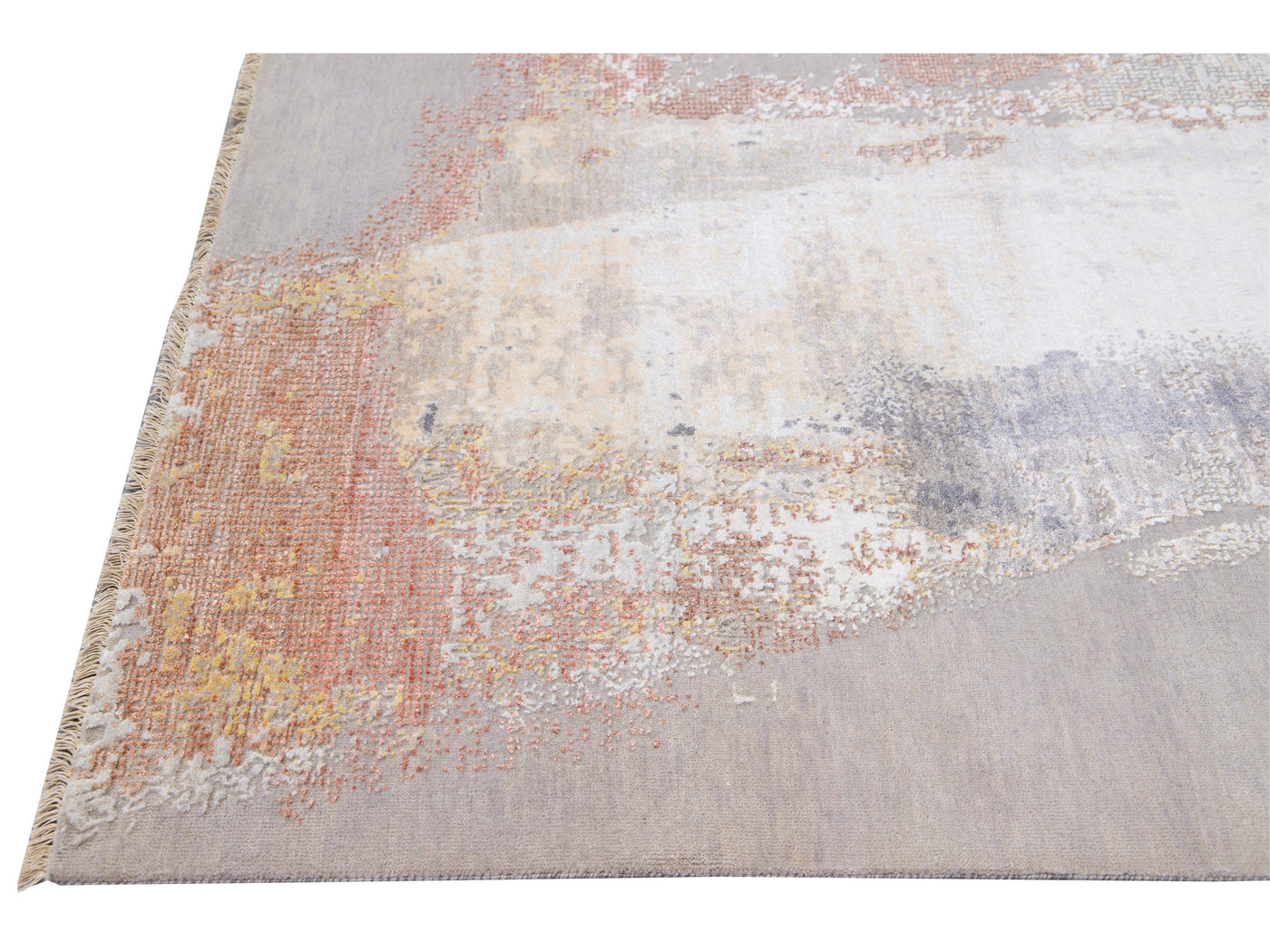 Modern Indian Handmade Beige and Gray Abstract Wool and Silk Rug