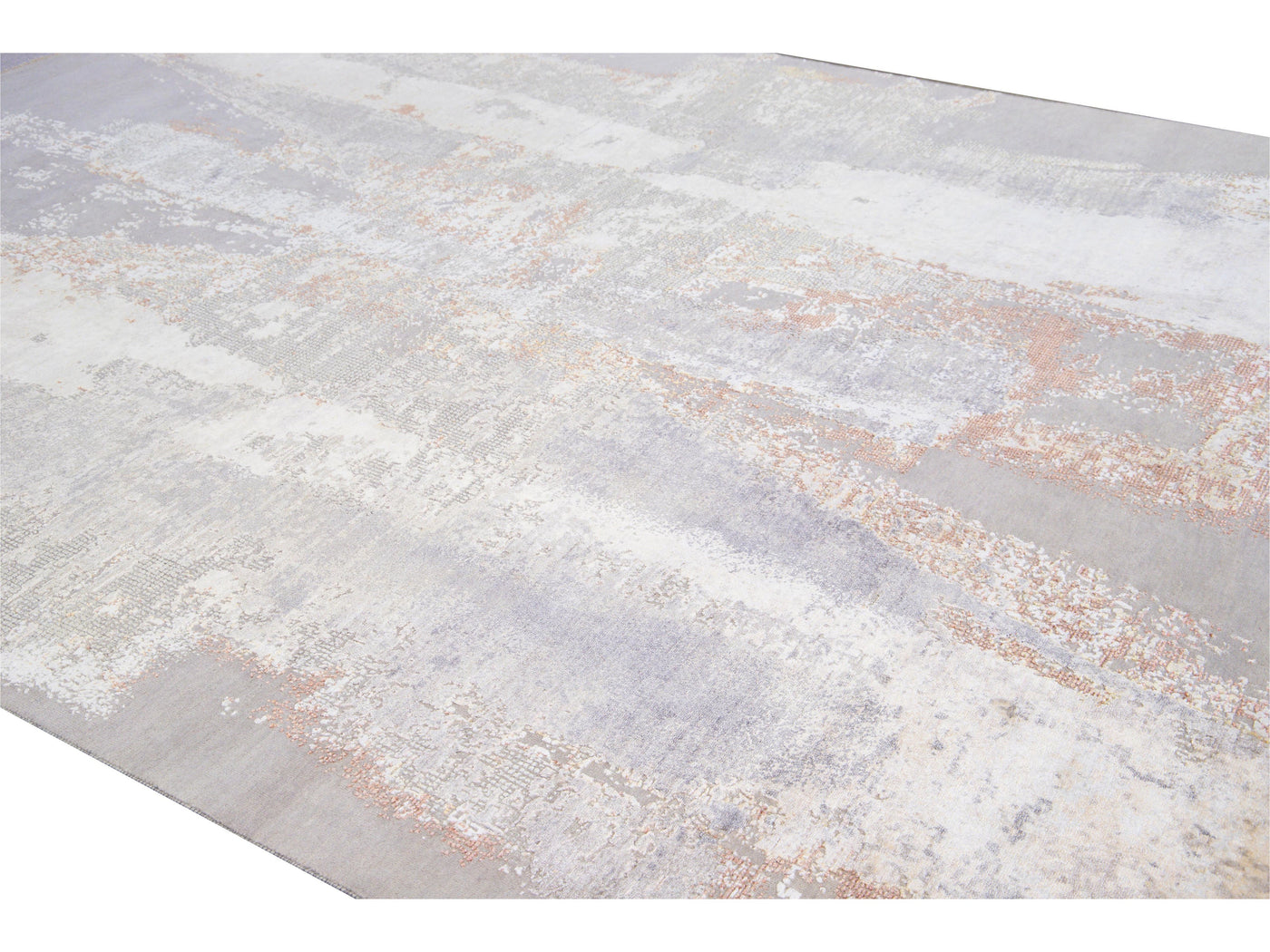 Modern Indian Handmade Beige and Gray Abstract Wool and Silk Rug