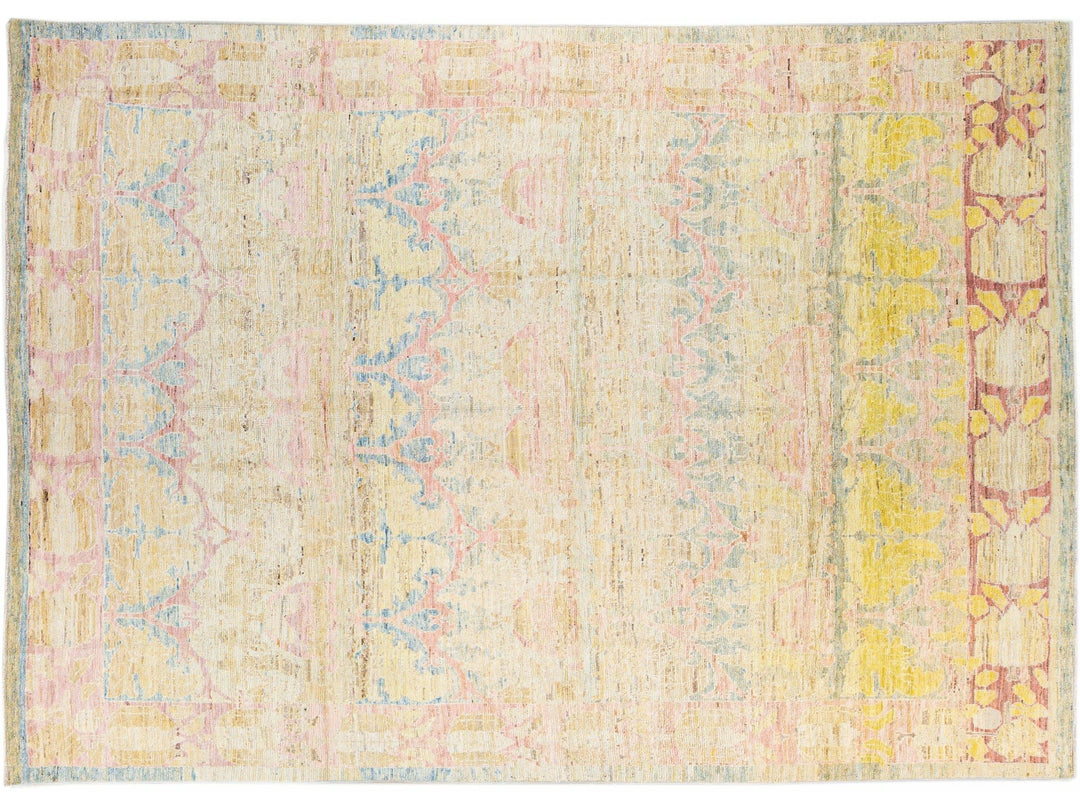 Modern Oushak Handmade Beige Floral Designed Wool Rug