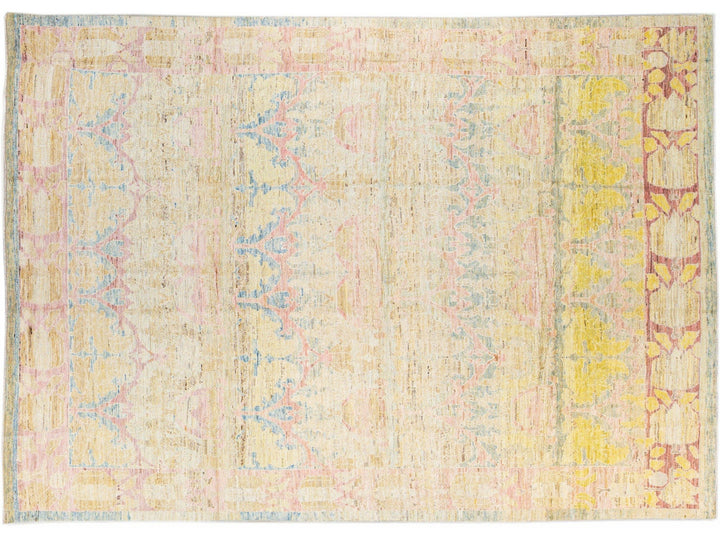 Modern Oushak Handmade Beige Floral Designed Wool Rug