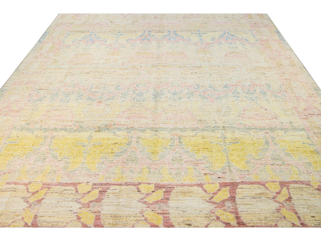 Modern Oushak Handmade Beige Floral Designed Wool Rug.