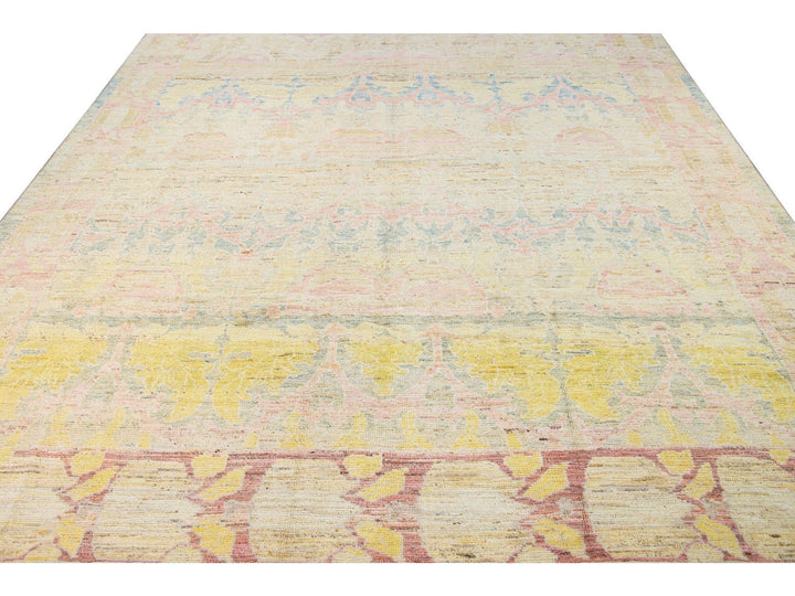 Modern Oushak Handmade Beige Floral Designed Wool Rug.
