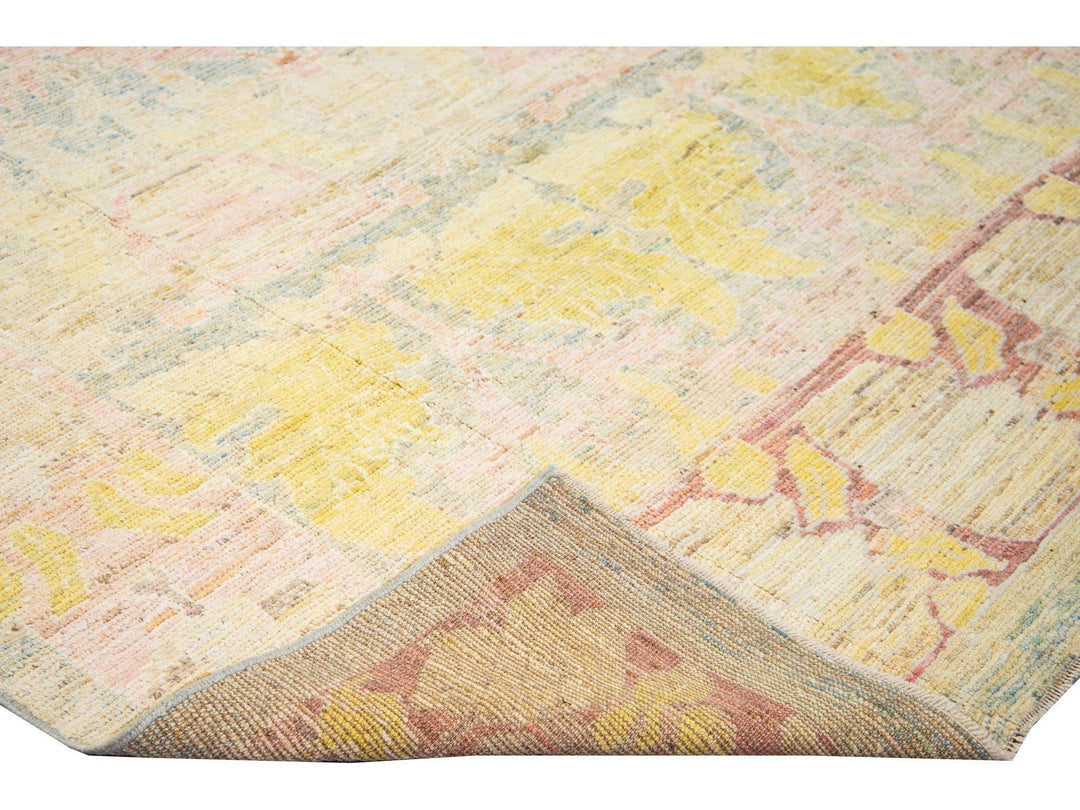 Modern Oushak Handmade Beige Floral Designed Wool Rug