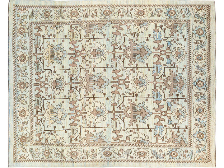 Modern Oushak Handmade Floral Pattern Beige and Blue Wool Rug