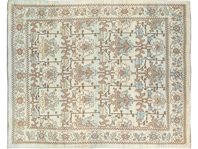 Modern Oushak Handmade Floral Pattern Beige and Blue Wool Rug