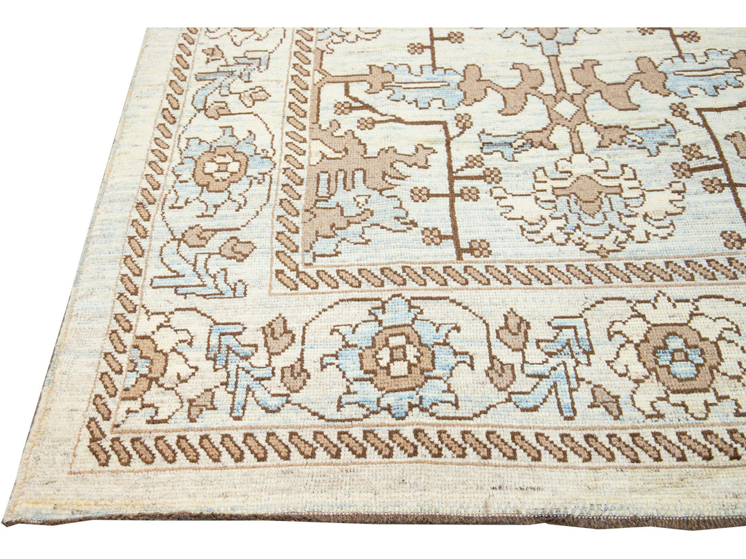 Modern Oushak Handmade Floral Pattern Beige and Blue Wool Rug