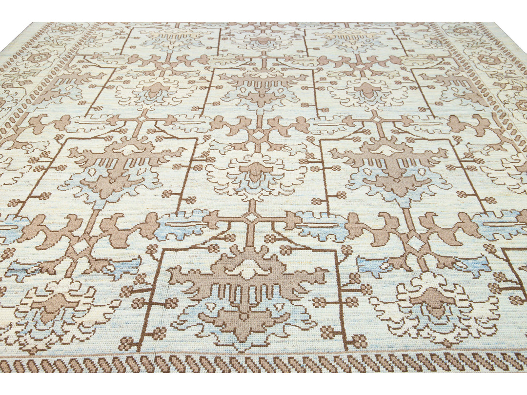 Modern Oushak Handmade Floral Pattern Beige and Blue Wool Rug