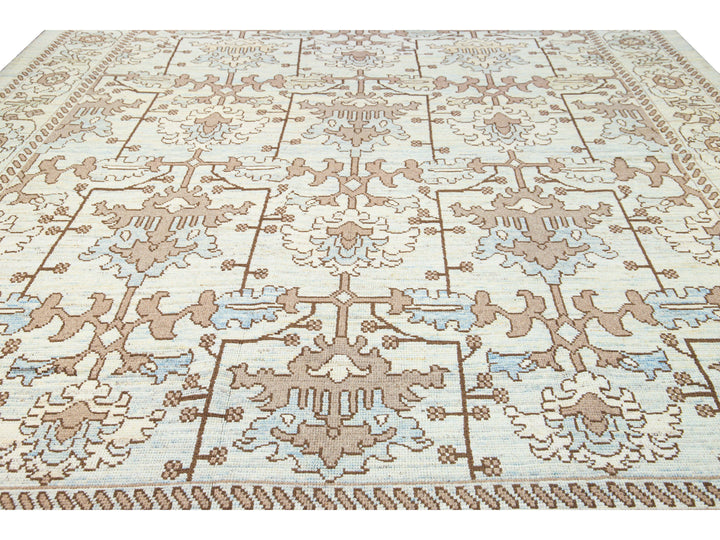 Modern Oushak Handmade Floral Pattern Beige and Blue Wool Rug