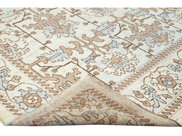 Modern Oushak Handmade Floral Pattern Beige and Blue Wool Rug