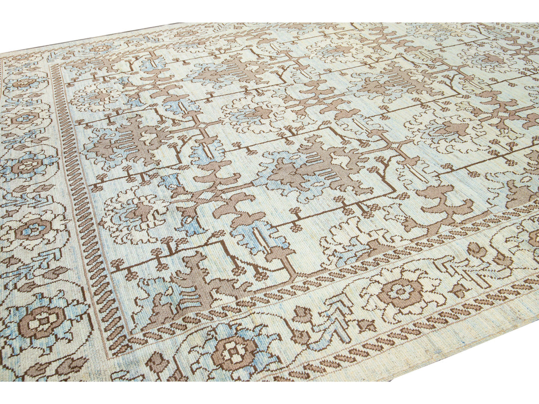 Modern Oushak Handmade Floral Pattern Beige and Blue Wool Rug
