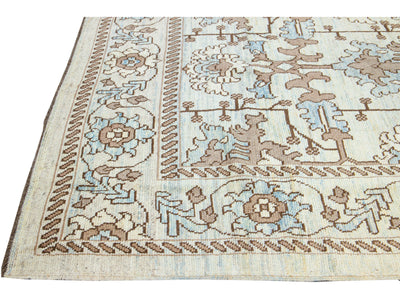Modern Oushak Handmade Floral Pattern Beige and Blue Wool Rug