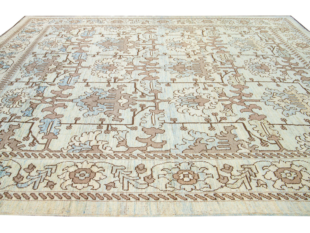 Modern Oushak Handmade Floral Pattern Beige and Blue Wool Rug