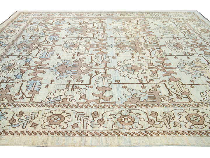 Modern Oushak Handmade Floral Pattern Beige and Blue Wool Rug