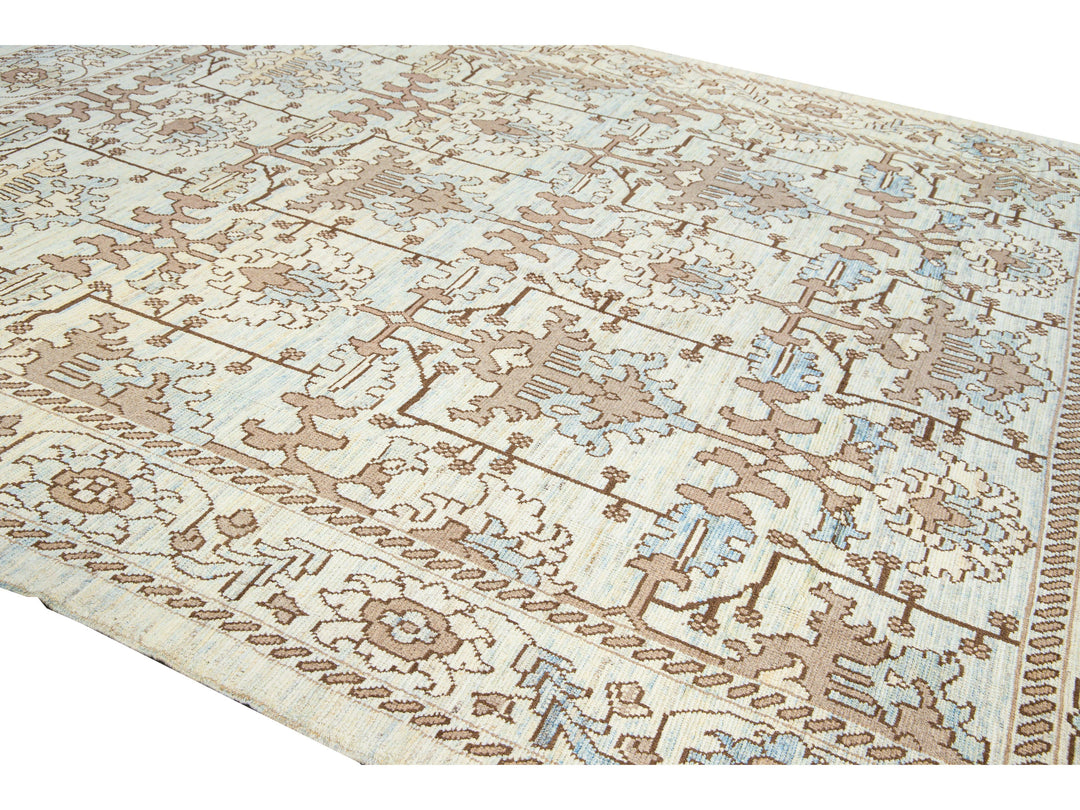 Modern Oushak Handmade Floral Pattern Beige and Blue Wool Rug